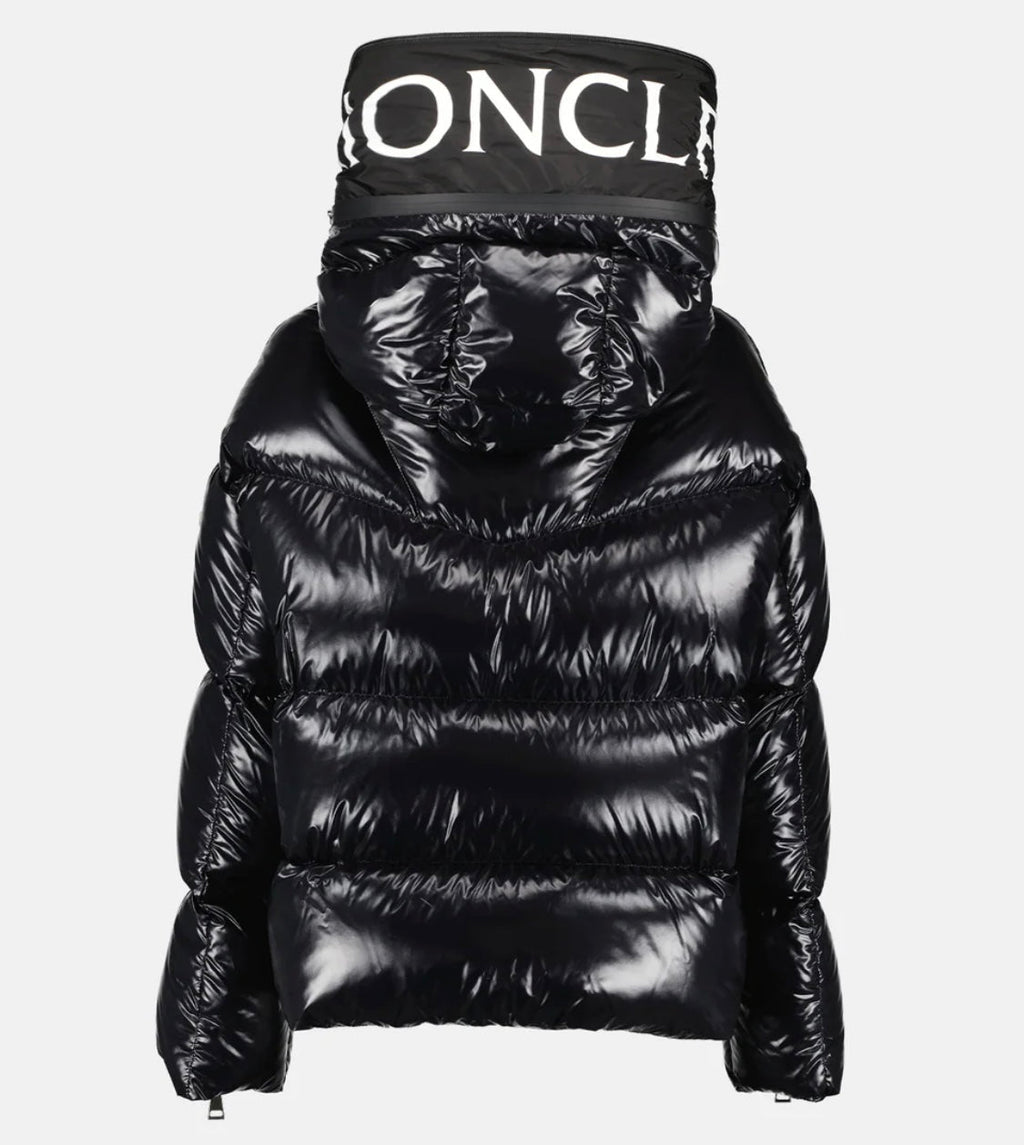 GUBBINO MONCLER DONNA NERO LUCIDO SCRITTA CAPPUCCIO